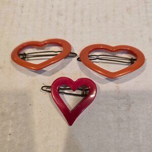 Heart Hair Barrettes Set of 3 French Snap Orange Red Plastic 1980s Small Vintage